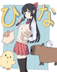  1girl animal artist_request baby_animal bird black_hair black_thighhighs blue_background blue_eyes border braid capybara center-flap_bangs chick closed_mouth commentary_request double-parted_bangs feet_out_of_frame flying_squirrel from_side grid_background hand_on_own_hip hand_up highres korean_commentary long_hair looking_at_viewer looking_to_the_side miniskirt outside_border plaid_clothes plaid_skirt pleated_skirt red_skirt second-party_source shirayuki_hina shirt side_braid skirt solo split_mouth squirrel standing stellive straight_hair sweater_vest thigh-highs turning_head virtual_youtuber white_border white_shirt yellow_sweater_vest zettai_ryouiki 
