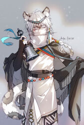 1boy animal_ear_fluff animal_ears arknights bell black_gloves braid cape closed_eyes commentary_request covered_mouth cowboy_shot facing_viewer fringe_trim genderswap genderswap_(ftm) gloves grey_background grey_hair hair_between_eyes head_chain highres holding holding_bell jewelry ljayu long_hair male_focus pramanix_(arknights) snow_leopard_boy snow_leopard_ears snow_leopard_tail solo standing tail tassel white_hair 