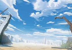  blue_sky building cityscape clouds commentary_request crane_(machine) day debris furumiya-underson highres no_humans original outdoors ruins sand scenery sky 