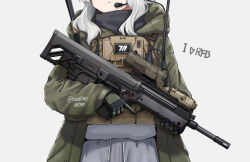  1girl assault_rifle blue_archive bulletproof_vest bullpup commentary_request green_jacket grey_hair grey_shorts grey_sweater gun hare_(blue_archive) hare_(camp)_(blue_archive) highres holding holding_gun holding_weapon hood hood_down hooded_jacket jacket kel-tec_rfb open_clothes open_jacket rifle sekino_takehiro shorts simple_background solo sweater twitter_username weapon weapon_focus white_background 