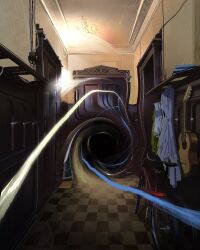  bicycle checkered_floor coat commentary distortion door english_commentary guitar hallway highres indoors instrument liminal_space no_humans original painterly plant potted_plant rsstrv scenery shelf stool swirl 