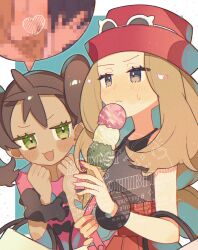  1boy 2girls bag black_hair black_shirt blonde_hair blush breasts brown_hair calem_(pokemon) censored closed_mouth commentary_request dark-skinned_female dark_skin eyewear_on_headwear fake_censor green_eyes grey_eyes hat heart highres holding holding_ice_cream_cone ice_cream_cone kiss long_hair mega_ring multiple_girls open_mouth pink_hat pink_shirt pokemon pokemon_x_and_y red_hat red_skirt serena_(pokemon) shauna_(pokemon) shirt shopping_bag skirt sleeveless sleeveless_shirt smile sumeragi1101 sunglasses sweatdrop twintails white-framed_eyewear 