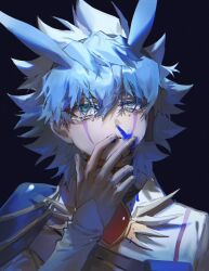  1boy alien_888 antenna_hair bags_under_eyes belt_pouch black_background blood blue_hair coat covering_own_mouth depressed dirty dirty_face empty_eyes facial_mark facing_viewer green_eyes hair_over_one_eye half-closed_eyes hand_on_own_face highres long_sleeves looking_up male_focus nosebleed paint_on_clothes paint_splatter paint_splatter_on_face pouch single_shoulder_pad sleeves_past_wrists spiky_hair teardrop tearing_up upper_body white_coat yu-gi-oh! yu-gi-oh!_go_rush!! yudias_velgear 