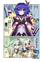  black_jacket choker commentary_request copyright_request crossed_arms flat_chest goth_fashion haneuma_p highres jacket lumine_(genshin_impact) multiple_girls nahida_(genshin_impact) paimon_(genshin_impact) prune_(genshin_impact) purple_hair side_ponytail violet_eyes 
