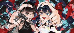  2girls black_bodysuit black_eyes black_hair black_nails blue_eyes blue_hair blue_nails blunt_bangs bodysuit bridge_piercing chain chain_necklace commentary double-parted_bangs ear_piercing face_piercing fingernails gem-studded_nails heart heart_hands heart_hands_duo highres horizontal_pupils jewelry looking_at_viewer mismatched_pupils multiple_girls multiple_rings nail_art nail_polish necklace original parted_lips piercing red_pupils ring sleeveless smile spiked_wristband symbol-shaped_pupils upper_body x-shaped_pupils yeougui yuan_(yeougui) yuki_(yeougui) 
