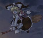  1girl :o aipom bad_id blonde_hair broom broom_riding brown_eyes crossover enu_(spinal) hat kirisame_marisa magician&#039;s_hat pokemon pokemon_(creature) touhou witch_hat 