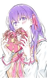  1girl absurdres blush bow candy chocolate commentary_request fate/stay_night fate_(series) food hair_ribbon heart heart-shaped_chocolate heart-shaped_food highres homurabara_academy_school_uniform looking_at_viewer matou_sakura mira_(mirarizsoti) open_mouth purple_hair ribbon school_uniform simple_background solo upper_body valentine violet_eyes white_background 
