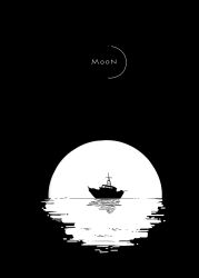  boat english_text greyscale highres luminous_slime minimalist monochrome moon no_humans reflection ship silhouette sun water watercraft 