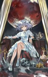  1girl ascot bloomers blue_hair closed_mouth commentary_request cup dress full_moon hat highres looking_at_viewer mob_cap moon purple_hair red_eyes red_moon remilia_scarlet shoes sitting skull smile solo teacup teapot touhou white_ascot white_bloomers white_dress white_shoes wrist_cuffs yolandabaka 