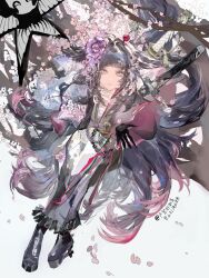  1girl arknights bird black_hakama black_kimono black_sash blue_eyes blunt_bangs branch cherry_blossoms chest_sarashi clawed_gauntlets claws commentary flower full_body gloves gradient_hair hair_flower hair_intakes hair_ornament hair_wings hakama hakama_skirt hand_up highres holding holding_sword holding_weapon japanese_clothes jewelry katana kimono kodachi layered_kimono long_hair long_sidelocks looking_at_viewer luedgend mechanical_arms mio_(arknights) multicolored_hair multicolored_kimono obi obiage obijime ootachi pink_flower sarashi sash short_sword sidelocks single_extra_arm single_mechanical_arm skirt solo split-color_clothes swallow_(bird) sword tachi_(weapon) two-tone_kimono very_long_hair very_long_sidelocks wakizashi weapon white_eyes white_kimono 
