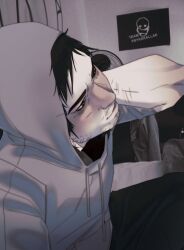  1boy absurdres beard_stubble black_hair commentary creator_name cry_of_fear facial_hair grey_hoodie highres hood hood_up hoodie logo male_focus nekron171106 photo_background scar scar_on_arm self-harm_scar short_hair simon_henriksson solo stubble 