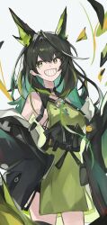  1girl animal_ears arknights atsuko's_grin_(meme) bare_shoulders bright_pupils colored_inner_hair commentary cowboy_shot dress green_dress green_eyes green_hair grey_background highres humanization linkai long_hair meme mon3tr_(arknights) multicolored_hair simple_background sleeveless sleeveless_dress smile solo standing variant_set white_pupils 