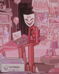  0kame-san 1girl bag balloon bed blanket book bookshelf bow bubble_(the_amazing_digital_circus) caine_(the_amazing_digital_circus) carrot character_doll character_pin chess_piece computer cracked_mask desk_lamp doll door doorway dreamcore dress figure fur-trimmed_robe fur_trim gangle_(the_amazing_digital_circus) heart heart-shaped_pillow highres jax_(the_amazing_digital_circus) jester king_(chess) kinger_(the_amazing_digital_circus) lamp laptop mask monster_girl panda pillow pomni_(the_amazing_digital_circus) rabbit ragatha_(the_amazing_digital_circus) ribbon robe shelf silhouette sitting stuffed_animal stuffed_rabbit stuffed_toy tape teddy_bear the_amazing_digital_circus unworn_dress zooble_(the_amazing_digital_circus) 