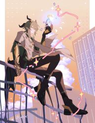  1boy absurdres black_horns black_pants black_shoes building coat commentary_request eve_(meltdown) gauntlets green_hair grey_coat highres holding holding_toy honkai_(series) honkai_impact_3rd horns kosma male_focus orange_eyes orange_sky pants pointy_ears rocket shoes short_hair sitting sky skyscraper solo toy twitter_username 