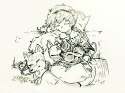  2girls :o animal animal_on_shoulder bird blouse blush buttons cat closed_eyes closed_mouth collared_shirt commentary_request couch crow cuddling curled_up dog dot_mouth expressionless fox frilled_shirt_collar frilled_sleeves frills hair_ornament hairband hatching_(texture) head_rest head_tilt heart heart_button heart_hair_ornament holding holding_animal hug kaenbyou_rin kaenbyou_rin_(cat) komeiji_family_(touhou) komeiji_koishi komeiji_satori linear_hatching lizard long_sleeves lying lying_on_lap lying_on_person medium_hair menotama missing_headwear monochrome multiple_girls multiple_tails on_back on_couch own_hands_together reiuji_utsuho reiuji_utsuho_(bird) ribbon_trim shirt short_hair siblings sisters sitting skirt sleeping tail tail_wrap third_eye touhou traditional_media two_tails whiskers wide_sleeves 