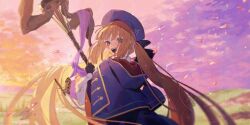  1girl artoria_caster_(fate) artoria_caster_(second_ascension)_(fate) artoria_pendragon_(fate) beret black_bow black_gloves blonde_hair blue_capelet blue_hat blurry blurry_background blush bow bug butterfly buttons capelet clouds cloudy_sky cowboy_shot dress evening fate/grand_order fate_(series) floating_hair from_behind gloves gradient_sky grass green_eyes hand_up hat hat_bow highres hill holding holding_staff hood hooded_capelet lapels long_hair long_sleeves looking_at_viewer looking_back microbe_volvox open_mouth outdoors petals pink_sky puffy_long_sleeves puffy_sleeves purple_sky red_capelet rock scenery sidelocks sky smile solo staff staff_of_selection_(fate) standing sunset teeth tongue twintails two-sided_capelet two-sided_fabric very_long_hair watermark white_dress yellow_butterfly yellow_sky 