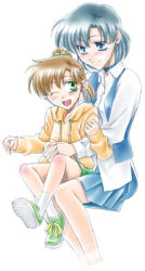  2girls aged_down aged_up bishoujo_senshi_sailor_moon blue_eyes green_eyes hug kino_makoto mizuno_ami multiple_girls one_eye_closed simple_background sitting sitting_on_lap sitting_on_person smile takano_saku 