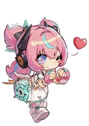  1girl aqua_hair aqua_streaks aria_(zenless_zone_zero) blue_eyes blush chibi chibi_only closed_mouth commentary crossed_bangs danchuan dress fingerless_gloves full_body gloves hair_between_eyes heart heart_hands highres looking_at_viewer multicolored_hair one_eye_closed pink_gloves pink_hair quad_tails shoes simple_background smile solo star-shaped_pupils star_(symbol) streaked_hair symbol-shaped_pupils untranslatable_commentary white_background white_dress white_shoes zenless_zone_zero 