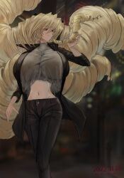  1girl absurdres big_hair black_jacket blonde_hair blouse breasts city city_lights cityscape drill_hair highres huge_breasts jacket kyoukaisenjou_no_horizon large_breasts long_hair mekarattaz midriff multiple_drills night open_clothes open_jacket pants shirt solo turenne very_long_hair 