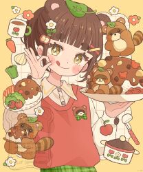  1girl :q animal animal_ears blunt_bangs blush_stickers border brown_hair buttons closed_mouth collared_shirt commentary curry eeppa flower food grid_background hair_flower hair_ornament highres holding holding_food holding_plate ladle long_sleeves looking_at_viewer ok_sign original outside_border plate raccoon_ears raccoon_girl red_vest shirt short_hair sidelocks smile solo tanuki tongue tongue_out untranslatable_commentary upper_body vest watermark white_background white_shirt x_hair_ornament yellow_border yellow_eyes 