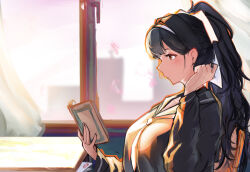  1girl azur_lane black_hair black_sailor_collar black_serafuku blush book breasts closed_mouth commentary english_commentary extra_ears hair_ears hair_flaps hairband highres holding holding_book large_breasts long_hair neckerchief official_alternate_costume open_book ponytail reading sailor_collar school_uniform serafuku solo takao_(azur_lane) takao_(school_romanza)_(azur_lane) weebchair white_hairband white_neckerchief white_sailor_collar 