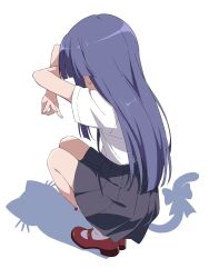  1girl black_skirt blue_hair blunt_bangs cat_shadow_puppet_(meme) cat_tail full_body furude_rika highres higurashi_no_naku_koro_ni long_hair mary_janes meme niyane pleated_skirt red_shoes shadow shirt shoes short_sleeves simple_background skirt socks solo squatting suspender_skirt suspenders tail white_background white_shirt white_socks 
