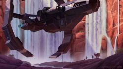  2others animal astero_(eve_online) carrier cliff combat_ship_(eve_online) commentary droneboat_(eve_online) english_commentary eve_online exploration_ship_(eve_online) floating frigate_(eve_online) gallente_federation_(eve_online) highres multiple_others outdoors river rock scenery servant_sisters_of_eve spacecraft standing stewart_leith water waterfall 