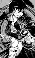  1boy :p akanbe arm_on_knee armor belt blunt_ends bodysuit bridal_gauntlets clenched_hand covered_collarbone eyelid_pull feathers finger_to_eye gem genshin_impact greyscale hair_intakes hakama hakama_shorts highres index_finger_raised japanese_armor japanese_clothes kimono knee_up kote looking_at_viewer male_focus mandarin_collar middle_ring monochrome pleated_shorts pom_pom_(clothes) rope sash scaramouche_(genshin_impact) short_sleeves shorts side_cape single_bare_shoulder single_off_shoulder sitting solo tongue tongue_out tsurime twitter_username upper_body vision_(genshin_impact) wanderer_(genshin_impact) wispy_bangs zzz_nn_z 