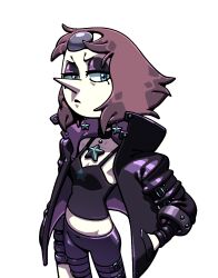  1girl alternate_costume alternate_hair_color black_eyeshadow choker discount-supervillain earrings eyeshadow forehead_jewel gem gem_(steven_universe) goth_fashion jacket jewelry leather leather_jacket makeup pale_skin pearl_(gemstone) pearl_(steven_universe) pointy_nose short_hair solo star_(symbol) steven_universe 
