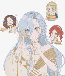  >:) 210_(reverse:1999) 2boys 2girls 37_(reverse:1999) 6_(reverse:1999) absurdres armlet bare_shoulders blonde_hair blue_eyes blue_hair brown_hair chibi chibi_inset chinese_commentary closed_eyes commentary_request food food-themed_hair_ornament gold_choker grape_hair_ornament green_eyes hair_between_eyes hair_bun hair_ornament hand_on_own_chin hands_up highres index_finger_raised jewelry long_hair multiple_boys multiple_girls pi_(math) pie pie_slice red_hair reverse:1999 single_side_bun smile sophia_(reverse:1999) upper_body v-shaped_eyebrows white_background xy_mt2528 
