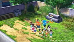  6+boys 6+girls april_fools bench commentary_request doraemon doraemon_(character) english_text field flower flower_field glowstick gouda_takeshi grass headband holding holding_glowstick holding_microphone honekawa_suneo industrial_pipe microphone minamoto_shizuka multiple_boys multiple_girls music nobi_nobita official_art singing tree white_headband wooden_bench 