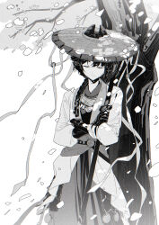  1girl absurdres against_tree braid chinese_commentary closed_eyes coat commentary_request cone_hair_bun cowboy_shot double_bun falling_petals gloves greyscale hair_bun hat highres holding holding_sword holding_weapon liang_yue_(reverse:1999) liang_yue_(the_moon's_reflection)_(reverse:1999) long_hair low_twin_braids monochrome official_alternate_costume petals reverse:1999 rice_hat robe sheath sheathed single_glove smile solo sword tree twin_braids walluka weapon white_background 