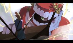  2boys blue_gloves bow caine_(the_amazing_digital_circus) chess_piece fang full_body gloves green_eyes highres holding holding_sword holding_weapon king_(chess) kinger_(the_amazing_digital_circus) laurel_crown lightning_bolt_symbol multiple_boys open_mouth ship sophmohr sword teeth the_amazing_digital_circus watercraft weapon 