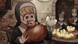  4girls animal_ears baby_animal basket bird blonde_hair blue_eyes brown_eyes brown_hair burger chicken chocolate chocolate_egg chocolate_rabbit clumsy_nun_(diva) commentary diva_(hyxpk) duck duckling eating english_commentary eyewear_on_head food froggy_nun_(diva) glasses glasses_nun_(diva) hedgehog highres hungry_nun_(diva) little_nuns_(diva) multiple_girls nervous_sweating nun rabbit_ears round_eyewear scared sweat traditional_nun 