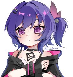  1girl black_jacket choker commentary_request copyright_request crossed_arms flat_chest food goth_fashion highres ice_cream jacket prune_(genshin_impact) purple_hair side_ponytail violet_eyes yuchama 