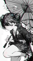  1girl absurdres blue_archive butterfly_hair_ornament chromatic_aberration double_bun floral_print greyscale hair_bun hair_ornament halo highres holding holding_umbrella japanese_clothes kimono kisaki_(blue_archive) looking_at_viewer mira_(mirarizsoti) monochrome oil-paper_umbrella short_kimono solo umbrella white_background 