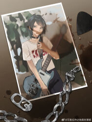  1girl 5-string_bass_guitar bang_dream! bang_dream!_it's_mygo!!!!! bass_guitar black_choker black_hair blue_eyes chain chinese_commentary choker commentary_request extended_range_bass_guitar feiyu30903448 guitar_strap highres instrument object_focus photo_(object) plectrum shirt short_hair short_sleeves solo watermark weibo_watermark white_shirt yahata_umiri 