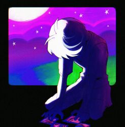  1boy antenna_hair arm_support bare_arms bare_legs black_border border chromatic_aberration colored_skin commentary crmmm91 facing_down film_grain full_body full_moon grass hunched_over male_focus moon omori outdoors outside_border photo_(object) purple_background purple_hair purple_shirt purple_shorts purple_skin purple_sky purple_sweater_vest shirt short_hair short_sleeves shorts sidelighting sitting sky solo star_(sky) star_(symbol) starry_sky sunny_(omori) sweater_vest wariza 