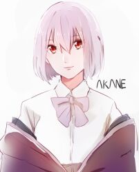  1girl bow bowtie character_name collared_shirt commentary english_text gridman_universe jacket light_smile looking_at_viewer medium_hair off_shoulder parsley_(artist) purple_bow purple_bowtie purple_hair purple_jacket red_eyes shinjou_akane shirt solo ssss.gridman white_background white_shirt 