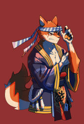  1boy absurdres brown_eyes character_request collarbone commentary_request cropped_legs dog_boy furrification furry furry_male gensyuuu headband headband_pull highres long_sleeves male_focus onmyoji pawpads pectoral_cleavage pectorals red_background scar scar_on_face sharp_teeth simple_background solo striped_headband teeth 