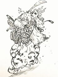  2girls boots bubble_skirt carrying carrying_over_shoulder carrying_person commentary_request crossed_bandaids eyeball hata_no_kokoro holding holding_knife knife komeiji_koishi long_hair long_sleeves looking_at_viewer mask menotama mouth_mask multi-source_commentary multiple_girls phone plaid_clothes plaid_shirt running shirt skirt skirt_cutout third_eye touhou traditional_media very_long_hair 