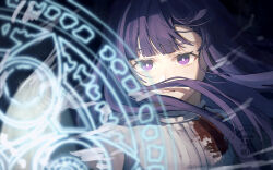  1girl arc_pic artist_name blood blood_on_clothes blunt_bangs breasts closed_mouth commentary_request dress fern_(sousou_no_frieren) highres long_hair magic purple_hair serious solo sousou_no_frieren twitter_username violet_eyes watermark white_dress 