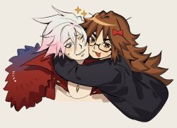  1boy 1girl black-framed_eyewear black_jacket blue_eyes bow brown_eyes brown_hair cropped_shoulders fate/extra fate/extra_ccc fate_(series) fur_scarf hair_bow hetero high_collar jacket jinako_carigiri karna_(fate) light_blush long_hair long_sleeves looking_at_another looking_at_viewer open_mouth parted_lips pink_hair qroken rectangular_eyewear red_bow short_hair smile sparkle sweatdrop white_hair 