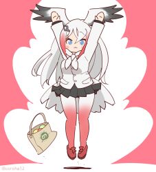  1girl arms_up bag bird_girl bird_tail bird_wings blue_eyes commentary_request coroha feathered_wings full_body grey_hair hair_ornament head_wings jacket japari_symbol jumping kemono_friends kemono_friends_3 long_hair looking_at_viewer miniskirt multicolored_hair pantyhose pink_background red_hair scarf shoes simple_background skirt solo tail two-tone_hair white_stork_(kemono_friends) wings 