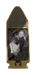  1girl animal_ears black_jacket blazer brown_shoes bullet closed_mouth commentary_request cross-section elvencliff grey_skirt highres jacket long_hair long_sleeves lying necktie on_side purple_hair rabbit_ears rabbit_girl red_eyes red_necktie reisen_udongein_inaba shirt shoes skirt socks solo touhou white_shirt white_socks 