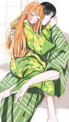  1boy 1girl ^_^ absurdres alternate_costume barefoot blush closed_eyes commentary gakuen_idolmaster green_kimono grin hetero highres hug idolmaster indoors japanese_clothes kasasagi_(futagodori888) kimono long_hair orange_hair producer_(idolmaster) shiun_sumika sitting sitting_on_person smile straight_hair tears very_long_hair 
