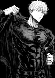 1boy black_background closed_mouth commentary_request compression_shirt covered_abs covered_pectorals gojo_satoru greyscale jacket jujutsu_kaisen male_focus monochrome nay_bb open_clothes open_jacket pants pectorals shirt_tucked_in short_hair solo upper_body 