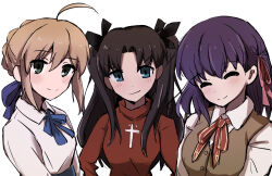 3girls ahoge artoria_pendragon_(fate) black_ribbon blonde_hair blue_ribbon blush brown_hair brown_vest commentary_request cross cross_print fate/stay_night fate_(series) green_eyes hair_bun hair_ribbon highres homurabara_academy_school_uniform looking_at_viewer matou_sakura moyosan multiple_girls print_ribbon purple_hair red_ribbon red_sweater ribbon saber_(fate) school_uniform shirt simple_background smile sweater tohsaka_rin two_side_up upper_body vest white_background white_shirt 