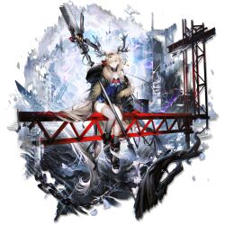  1girl absurdly_long_hair adjusting_hair animal_ear_fluff animal_ears antlers arknights arm_up asymmetrical_legwear bandaid bandaid_on_knee bandaid_on_leg belt belt_collar black_belt black_bow black_coat black_shorts blonde_hair blue_dress boots botani_(arknights) bow broken_antler chain chest_belt cleavage_cutout closed_mouth clothing_cutout coat coat_partially_removed collar collarbone deer deer_antlers deer_ears deer_girl dress earrings flower full_body fur-trimmed_coat fur-trimmed_shorts fur-trimmed_socks fur_trim gloves grey_socks hair_bow hair_flower hair_intakes hair_ornament hair_over_one_eye halter_dress halterneck highres holding holding_staff horns id_card jewelry long_hair looking_at_viewer mage_staff mechanical_horns non-web_source official_art partially_unzipped red_belt red_gloves ribbed_dress ribbed_socks scaffolding see-through_clothes see-through_coat shorts single_earring sitting smiley_face socks solo staff tachi-e tassel tassel_earrings transparent_background turtleneck turtleneck_dress uneven_legwear very_long_hair white_boots white_flower yellow_eyes yukuso_(dabiandang) zipper zipper_dress zipper_pull_tab 