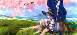  1girl absurdres blue_eyes blue_hair book boots braid briefcase cherry_blossoms commentary grass hat highres humany mage_staff magnifying_glass mushoku_tensei outdoors reading roxy_migurdia sky solo staff tree under_tree untranslatable_commentary white_boots witch_hat 